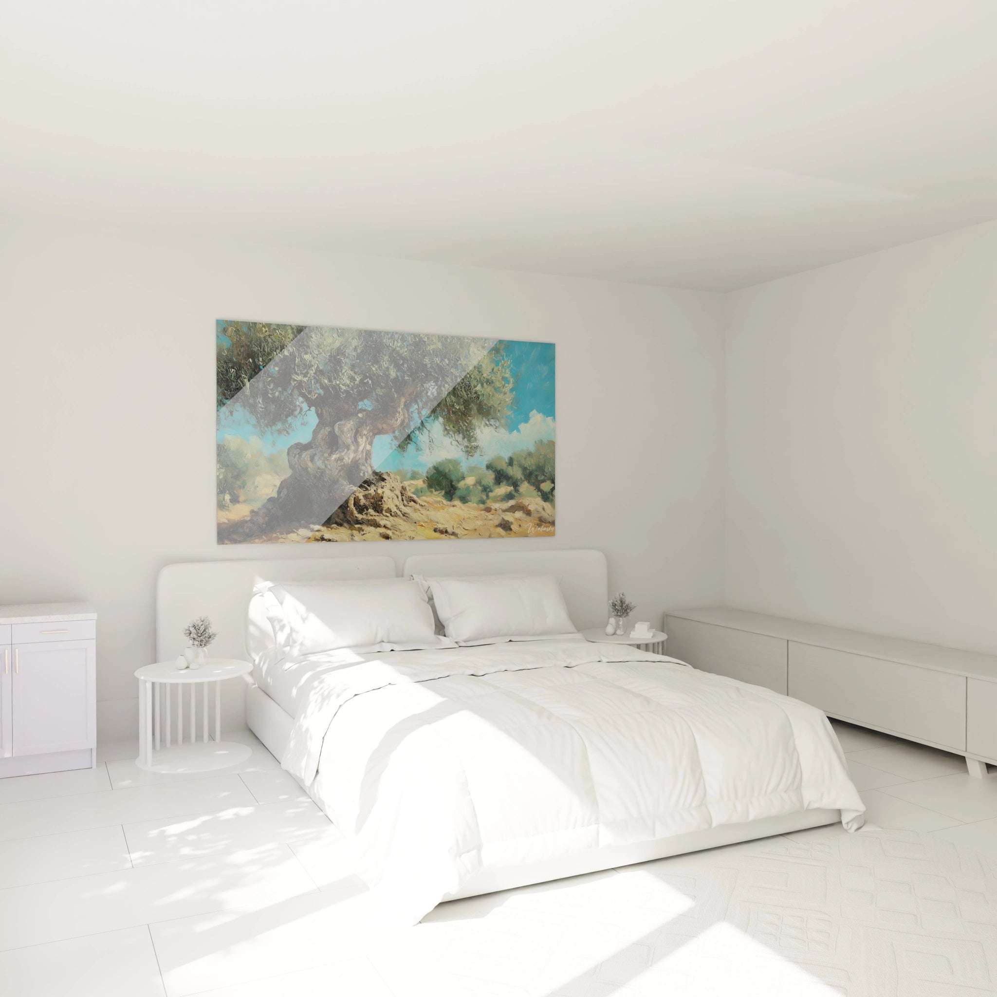 Un tableau paysage méditerranéen représentant un olivier centenaire à l'écorce sculptée par le temps, ses branches tordues portant un feuillage vert argenté, se dressant sur un sol rocailleux beige sous un ciel bleu turquoise lumineux.