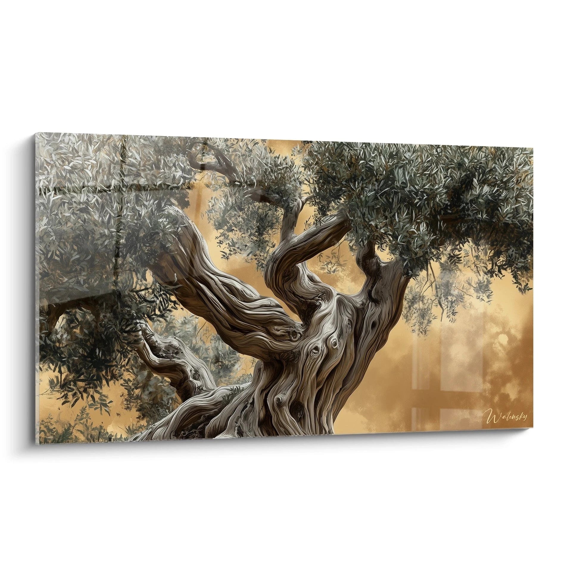 Un tableau Olivier nature montrant un olivier centenaire, avec un tronc noueux en brun et bronze, un feuillage vert dense et un fond doré texturé aux nuances dégradées.