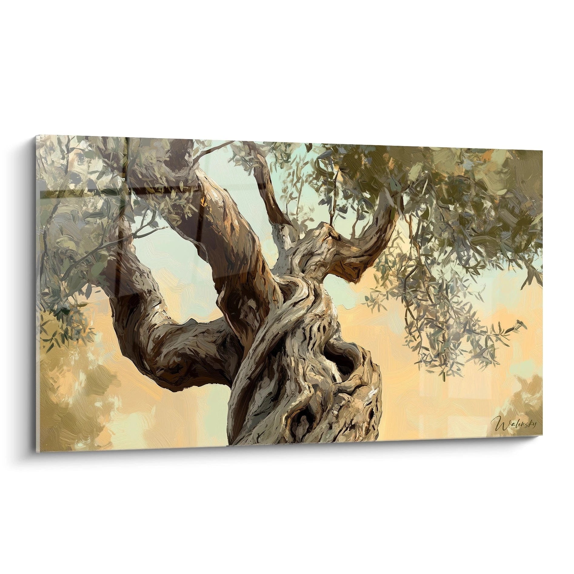 Un tableau Olivier nature reprĂ©sentant un tronc dâolivier noueux, aux teintes marron, beige et vert, avec des effets de texture dĂ©taillĂ©s et un feuillage diffus sur fond lumineux.