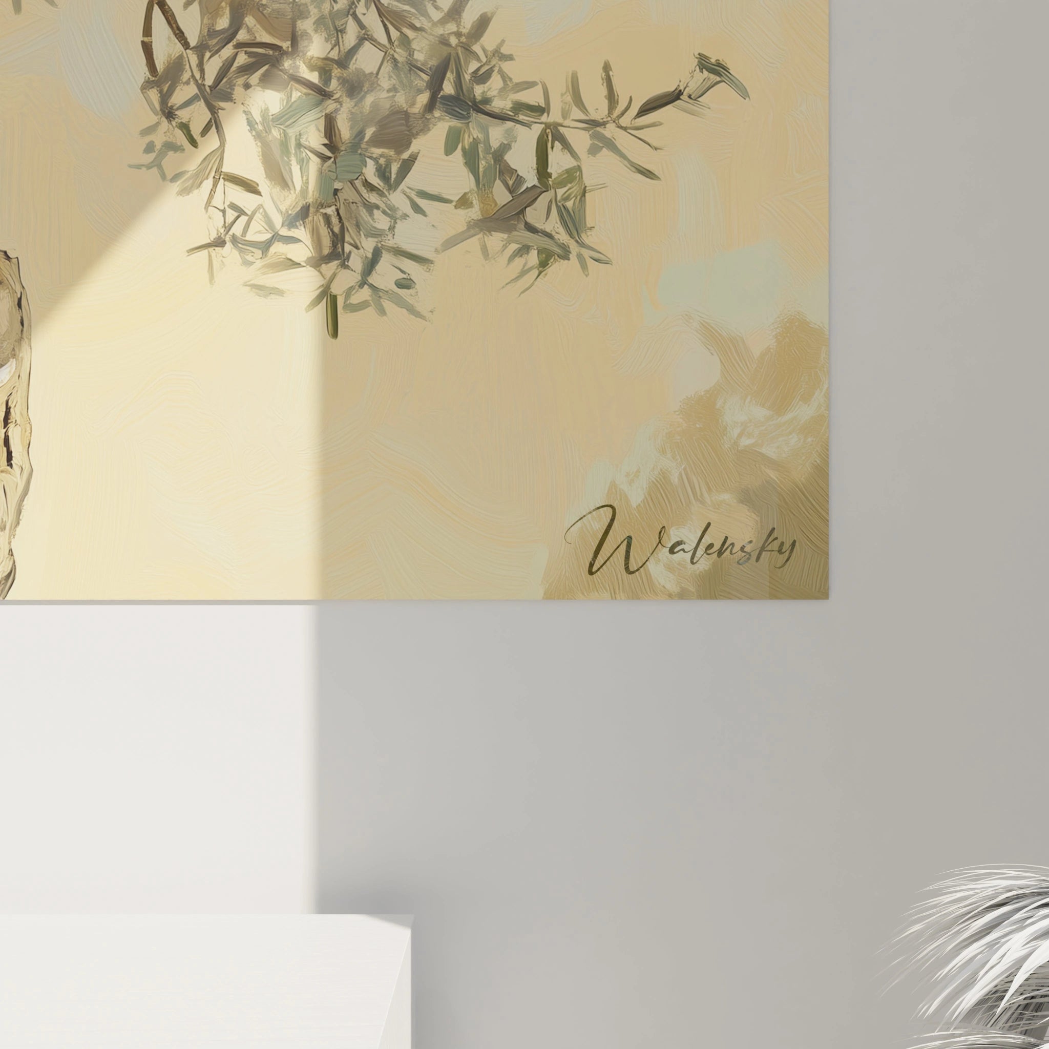 Un tableau Olivier nature montrant un olivier centenaire, aux branches torsadées, avec des couleurs marron, beige et vert, des textures rugueuses et une lumiÚre douce en fond dégradé.