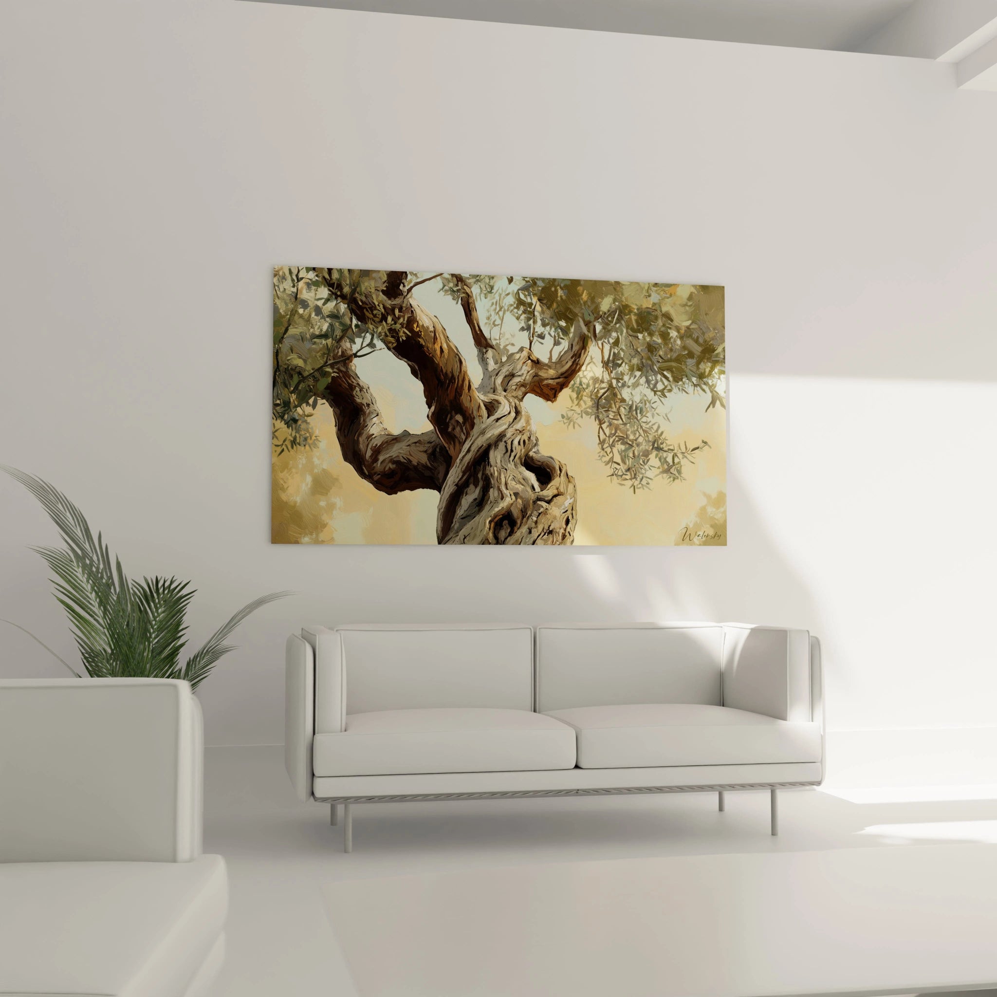 Un tableau Olivier nature mettant en scÚne un olivier ancien, avec une écorce détaillée aux nuances de marron et beige, un feuillage vert translucide et un ciel clair en arriÚre-plan.