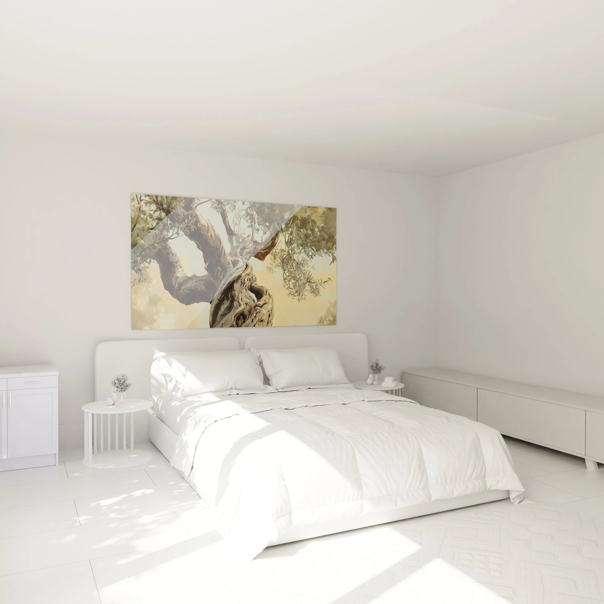 Un tableau Olivier nature illustrant un olivier vu en contre-plongĂ©e, avec un tronc texturĂ© en marron et beige, des feuilles vertes, et un arriĂšre-plan aux tons doux de bleu et dâorange.