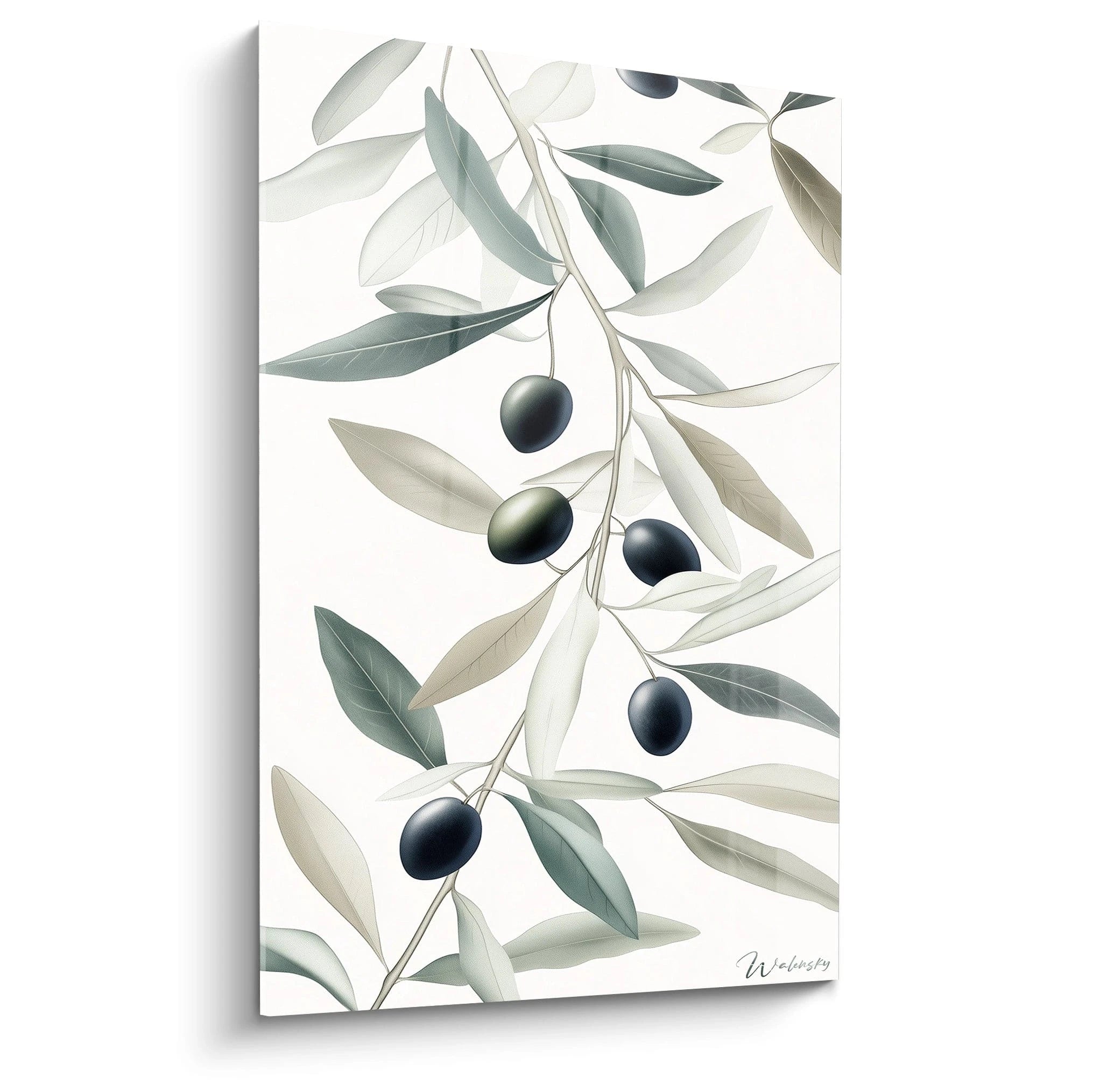 Un tableau Olivier nature reprĂ©sentant des branches dâolivier avec des feuilles vertes et beige, et des olives noires. Les dĂ©tails fins et dĂ©gradĂ©s apportent un effet visuel doux et rĂ©aliste.