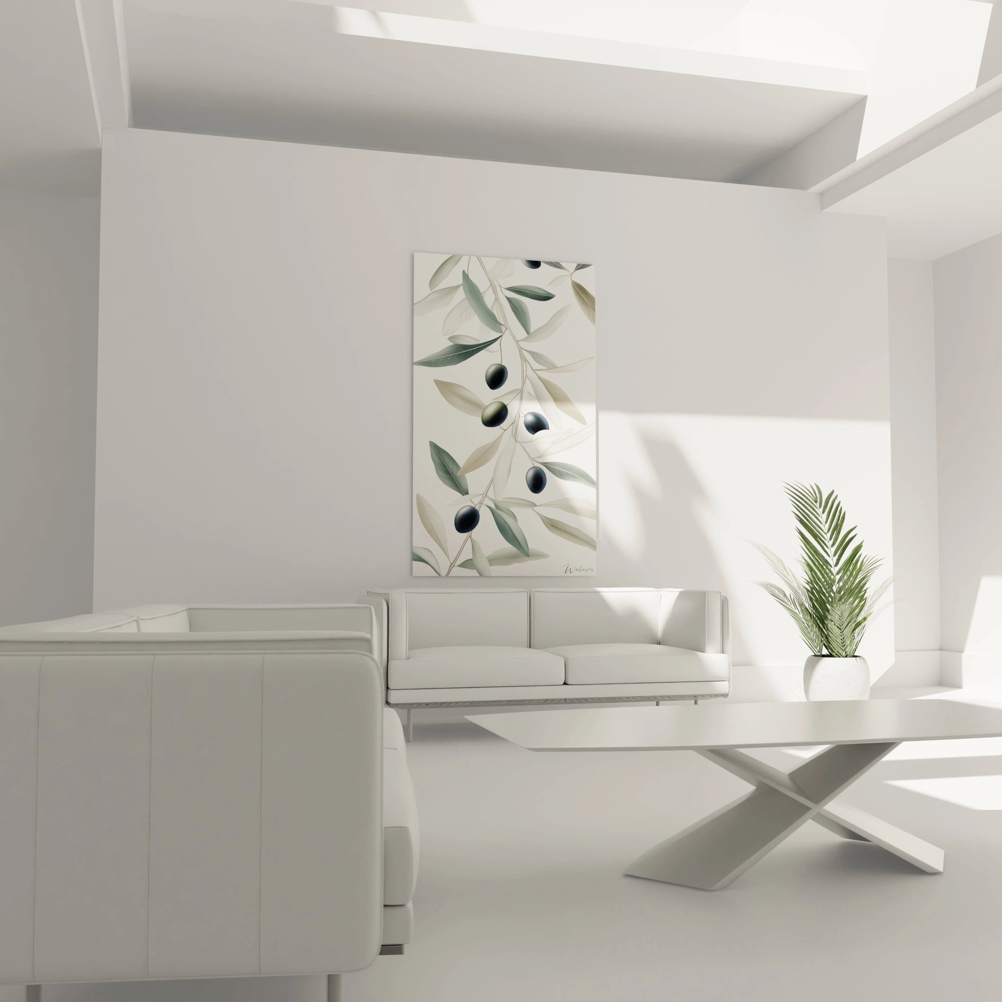 Un tableau Olivier nature mettant en scÚne des branches fines ornées de feuilles aux nuances vert-de-gris et beige, avec des olives sombres. Les contours nets et les ombrages créent une impression de profondeur.