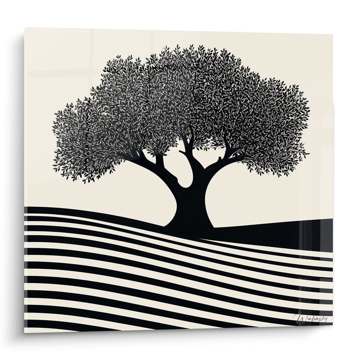 Olivier noir au feuillage dense sur fond ivoire, collines rayées noir et blanc en dessous
