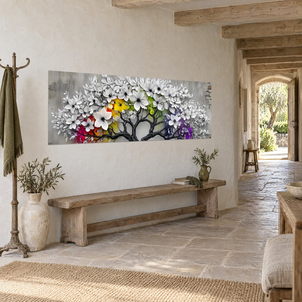 Schilderij van een olijfboom met zwarte takken in hartvorm gedraaid, witte bloesems en rode en paarse druipsporen, stenen entree en houten bank