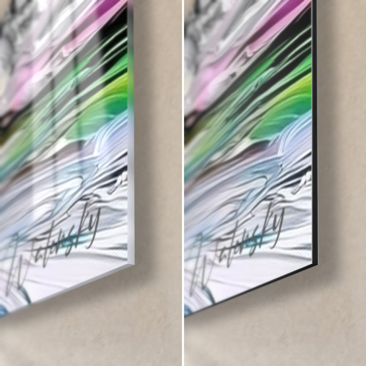 Schilderij zilverkleurige olijfboom met veelkleurige wortels, rechtsonder hoek: glanzend glas links, mat zwart Dibond rechts, rand van 3 mm