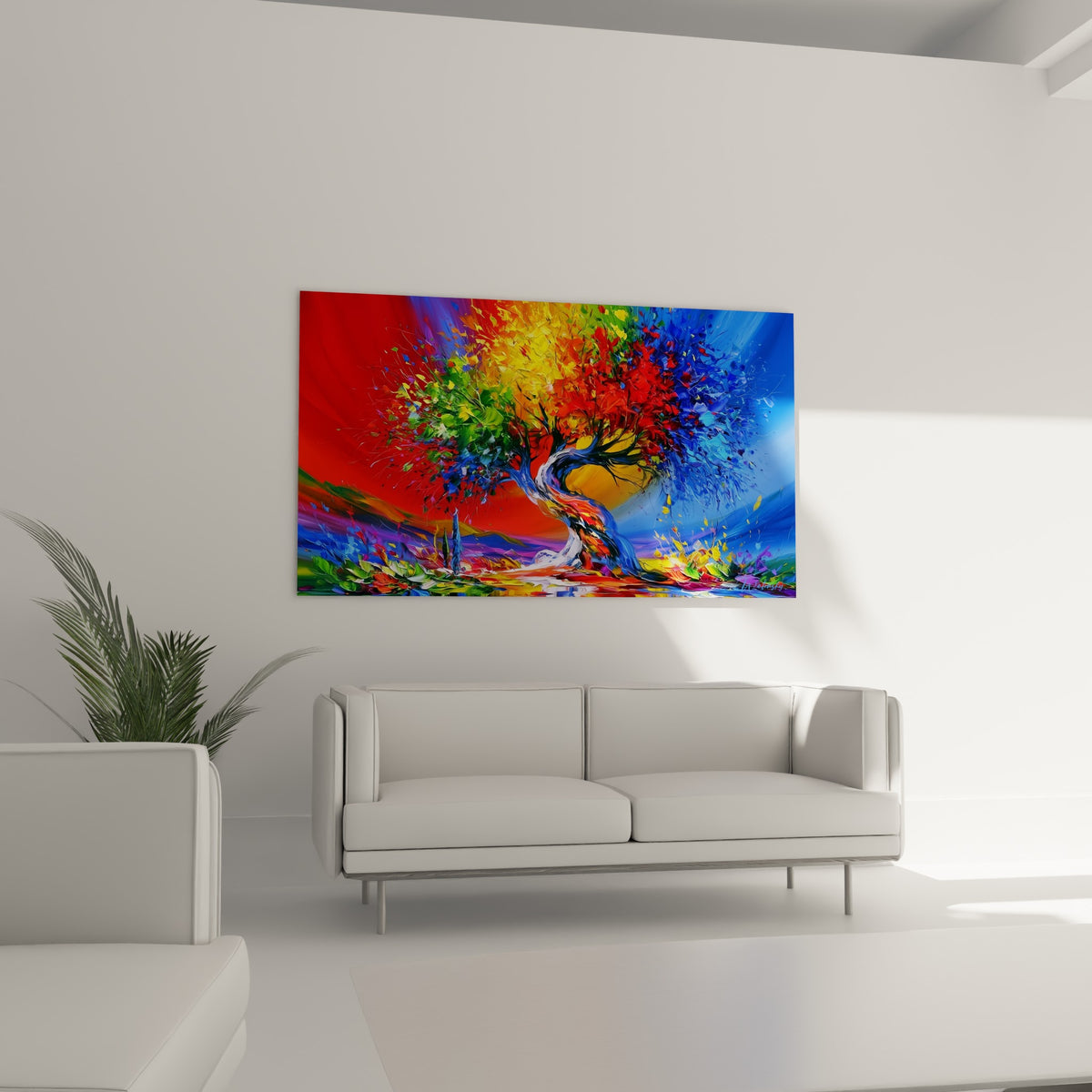 Peinture d'olivier tourbillonnant en jaune et bleu marine, placée au-dessus d'un canapé dans un salon lumineux.