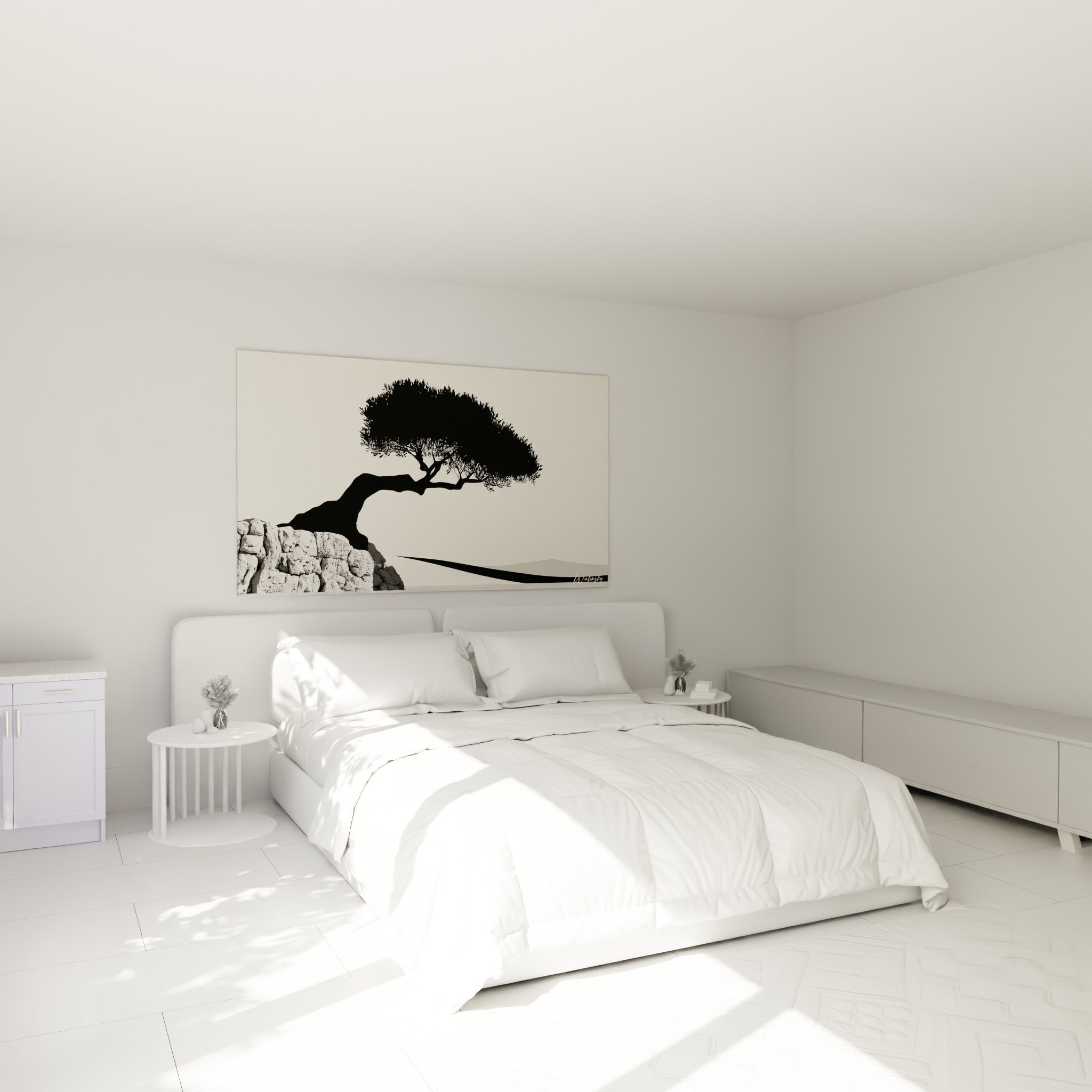 Silhouette d'olivier anthracite sur pierres, tableau accroché au-dessus d'un lit dans une chambre claire