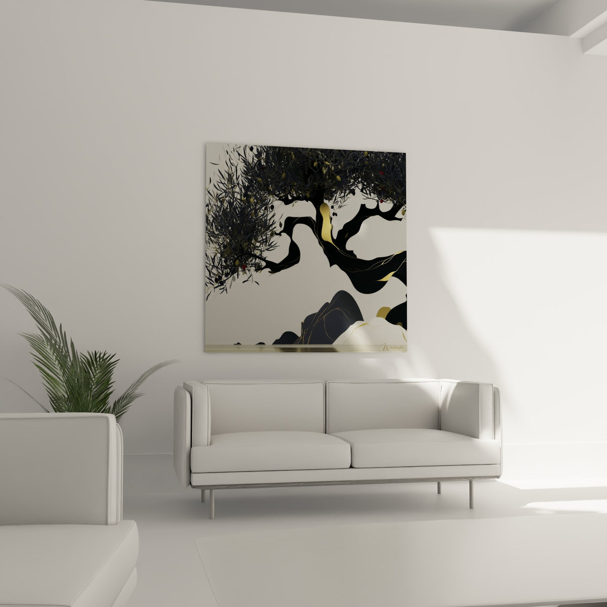 Silhouette anthracite de l'olivier aux reflets dorés au-dessus d'un canapé dans un salon lumineux