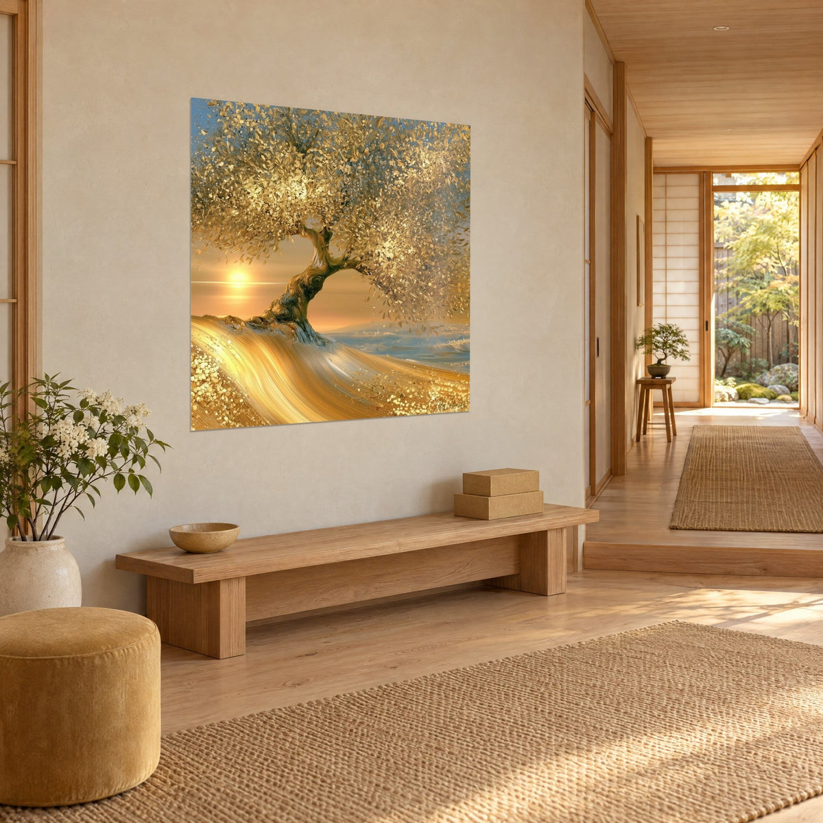 Gemälde goldener Baum, geneigt über eine Düne aus bernsteinfarbener Farbe, blassblaues Meer am Horizont, hängend in einem Japandi-Flur, dreiviertel Ansicht