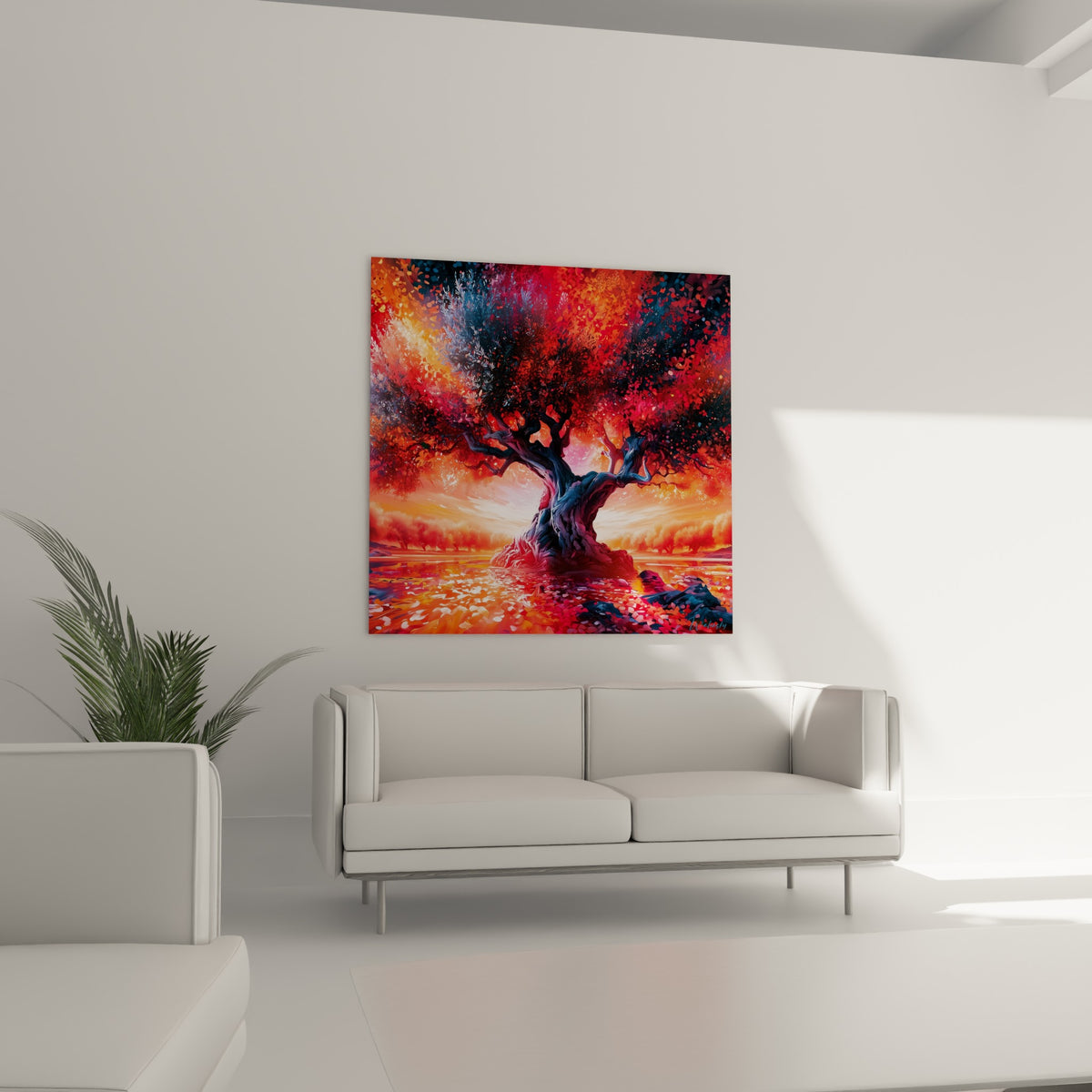 Arbre séculaire aux teintes orangées et bleutées au-dessus d'un canapé dans un salon lumineux