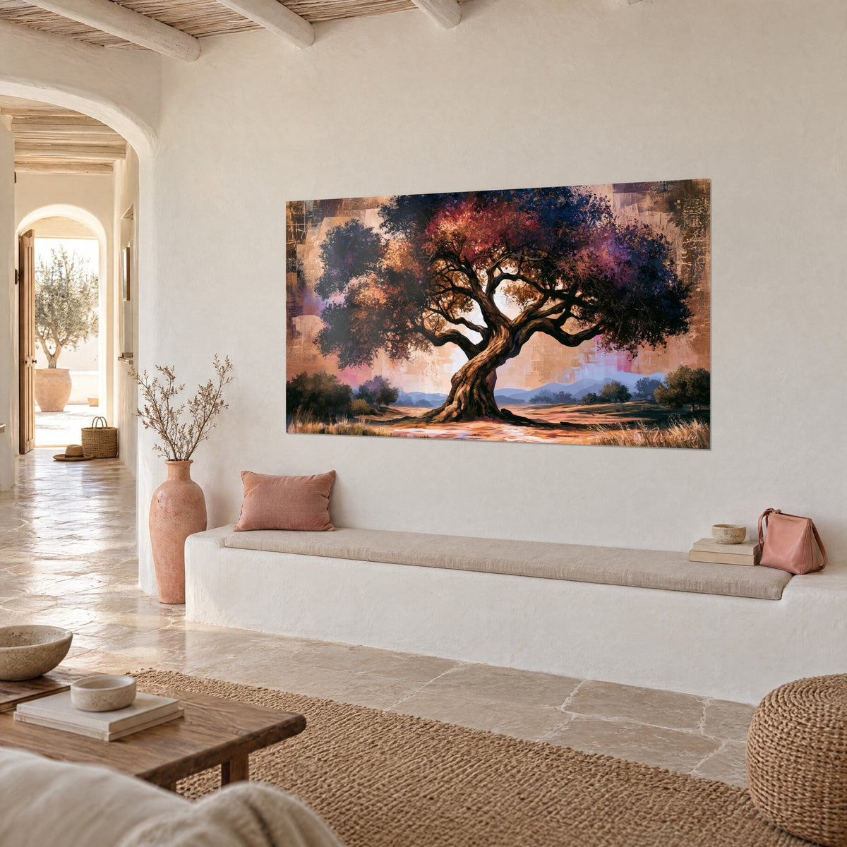 Wall art of a centuries-old tree with twisted brown branches, pink and violet canopy, bluish hills, in a Mediterranean house in three-quarter view