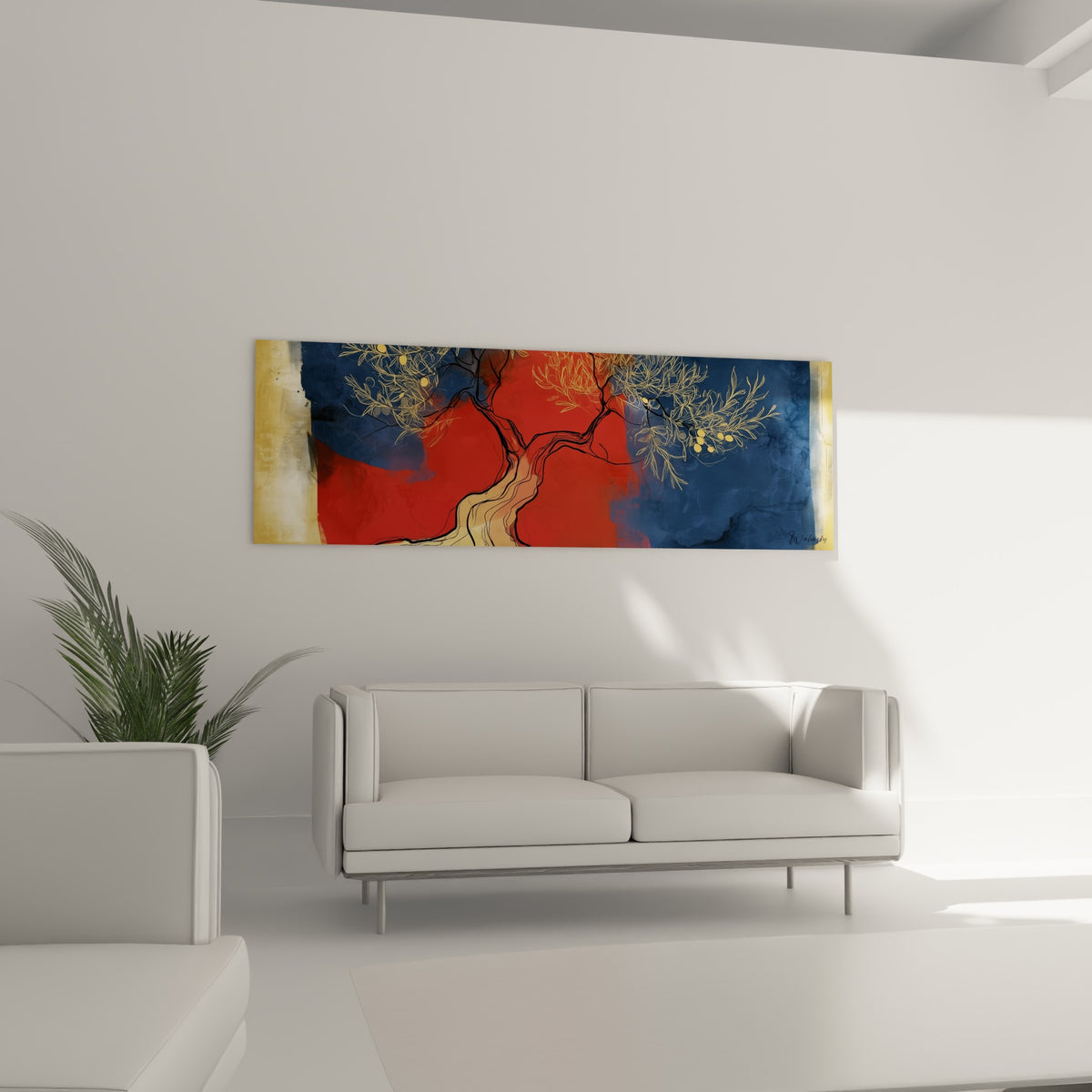 Tronc d'olivier sinueux entre rouge terracotta et bleu marine au-dessus d'un canapé dans un salon lumineux