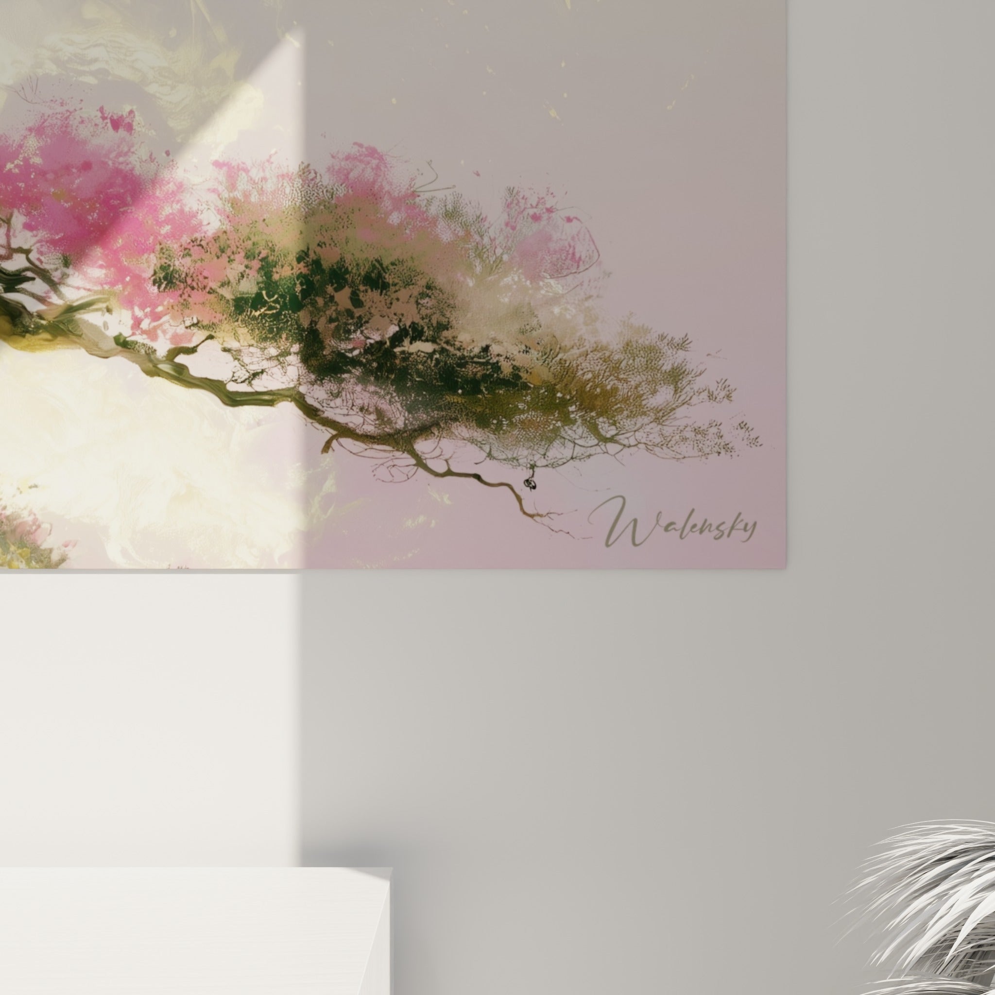 Détail du tronc d'olivier où le doré et le rose se fondent en textures vaporeuses et empâtées