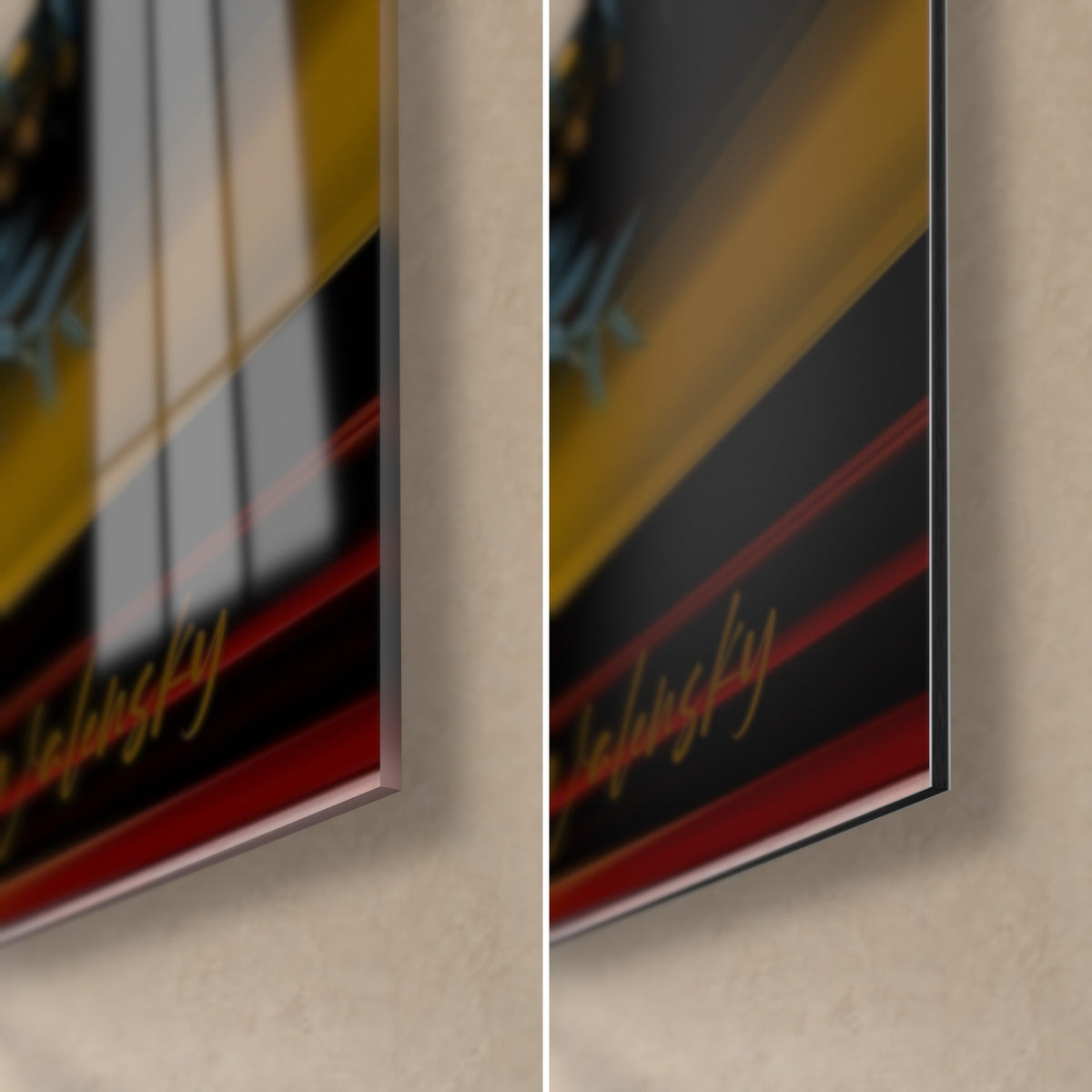 Cuadro de un olivo en negro y dorado, esquina inferior derecha: cristal acrílico brillante con reflejos, aluminio Dibond mate, borde fino de 3 mm