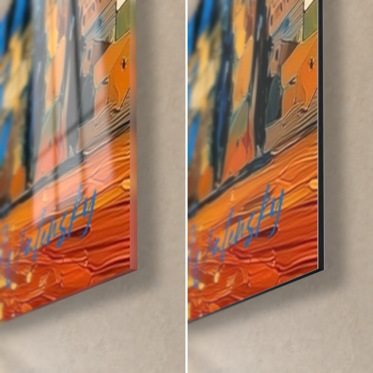 Quadro ulivo in spessa pittura a spatola, angolo in basso a destra arancio e blu, vetro lucido a sinistra, Dibond opaco a destra