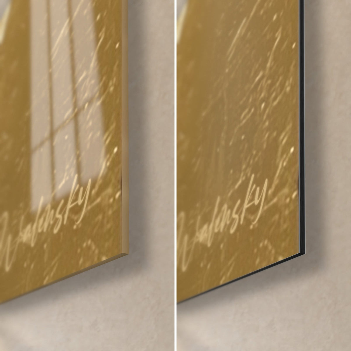 Quadro ulivo in oro e nero, angolo in basso a destra: vetro acrilico lucido con riflessi a sinistra, Dibond alluminio opaco a destra, bordo sottile