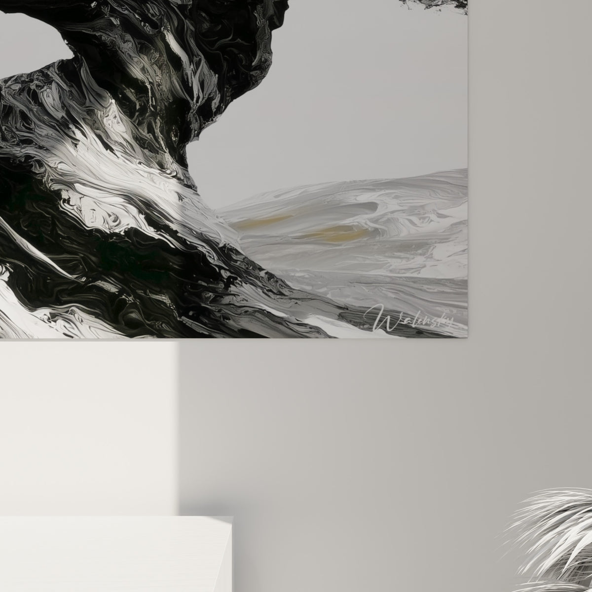 Matière noire et grise en mouvement fluide, empâtements visibles sur le tronc torsadé de l'olivier