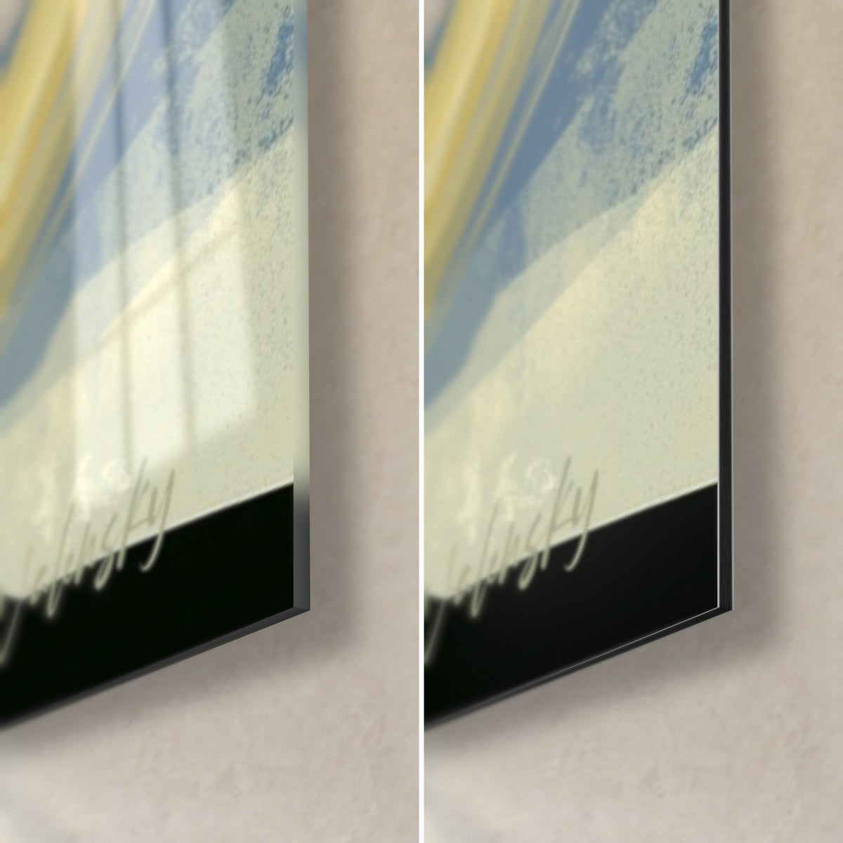 Gemälde Olivenbaum in Schwarz und goldenen Strähnen, untere rechte Ecke: glänzendes Acrylglas links, mattes Dibond rechts, schwarze Kante von 3 mm