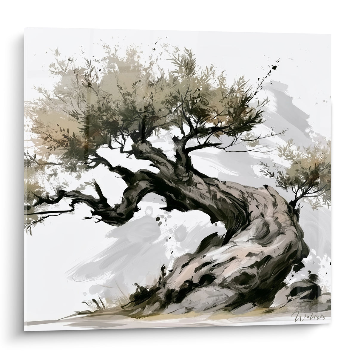 Olivier au tronc noueux anthracite et feuillage doré, peinture gestuelle sur fond blanc cassé