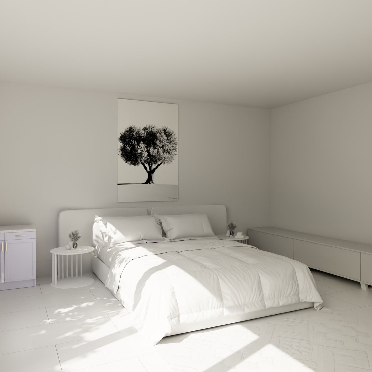 Silhouette d'olivier noir et gris se dressant au-dessus d'un lit dans une chambre claire