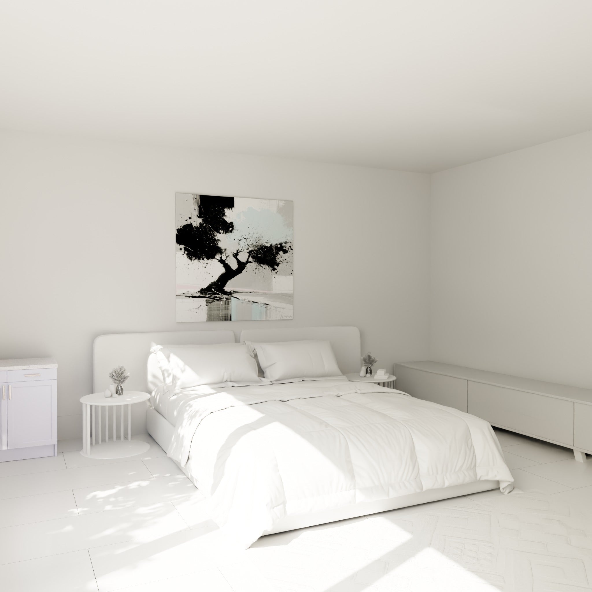Silhouette d'olivier noir et bleu pastel accrochée au-dessus d'un lit dans une chambre claire