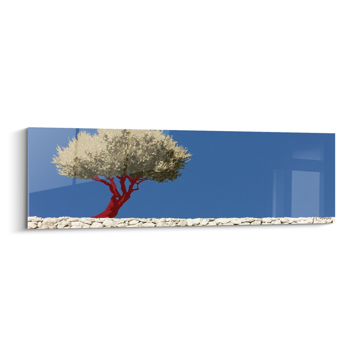 Olivier au tronc rouge et feuillage crème sur ciel bleu marine, muret de pierres blanches