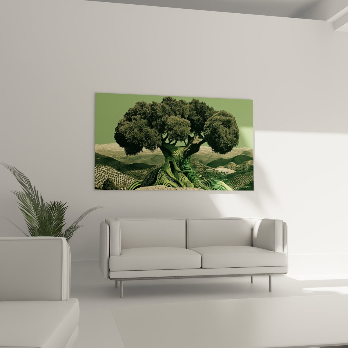 Feuillage dense vert olive et tronc sculpté beige d'un olivier au-dessus d'un canapé dans un salon lumineux