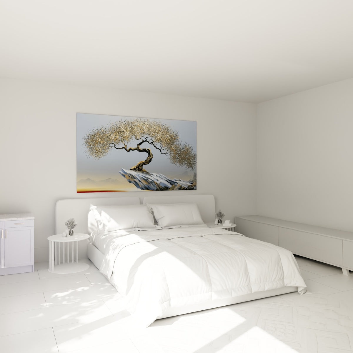 Arbre doré et tronc noueux d'Olivier au-dessus d'un lit dans une chambre claire