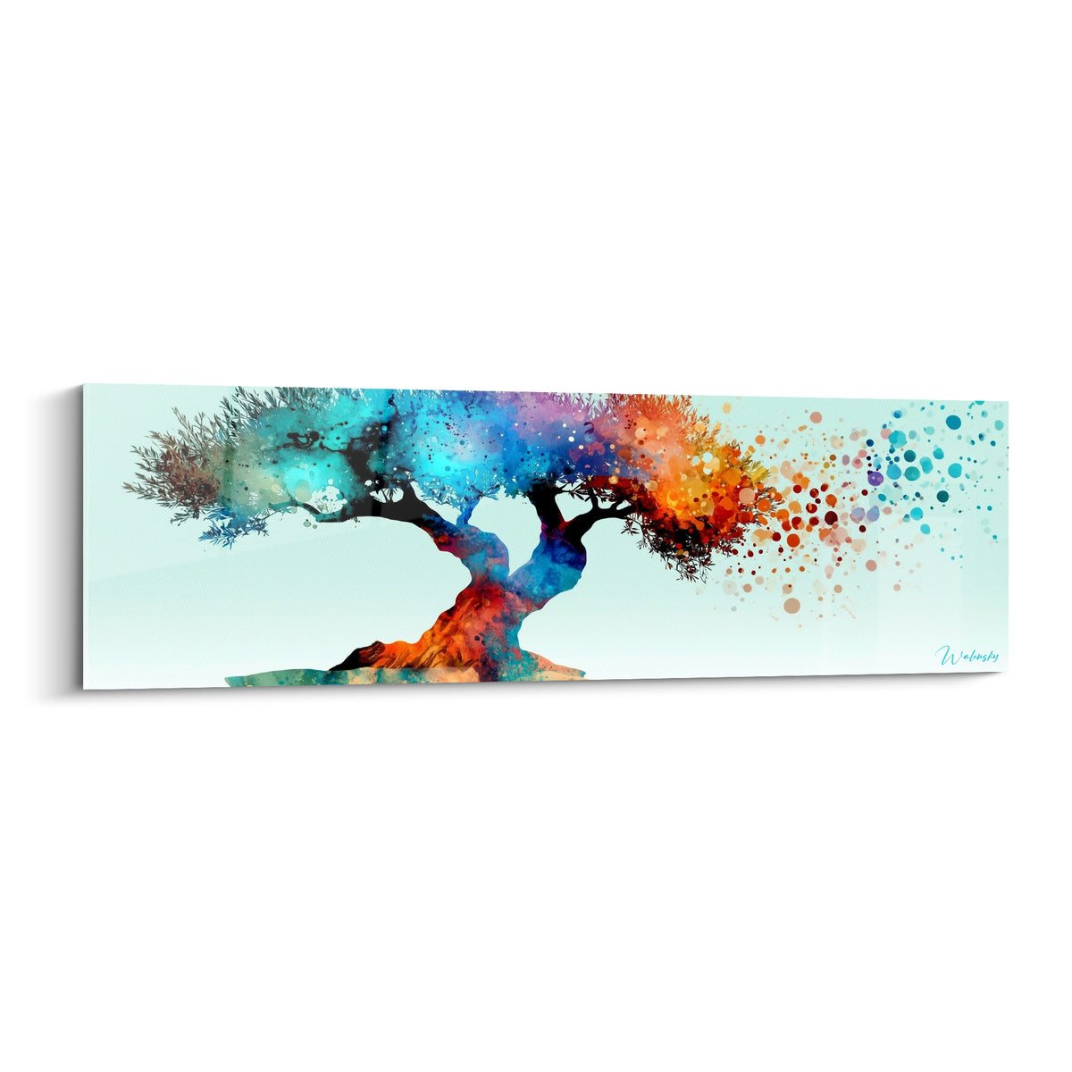 Olivier au tronc sombre et feuillage turquoise et orange se dissolvant en particules colorées