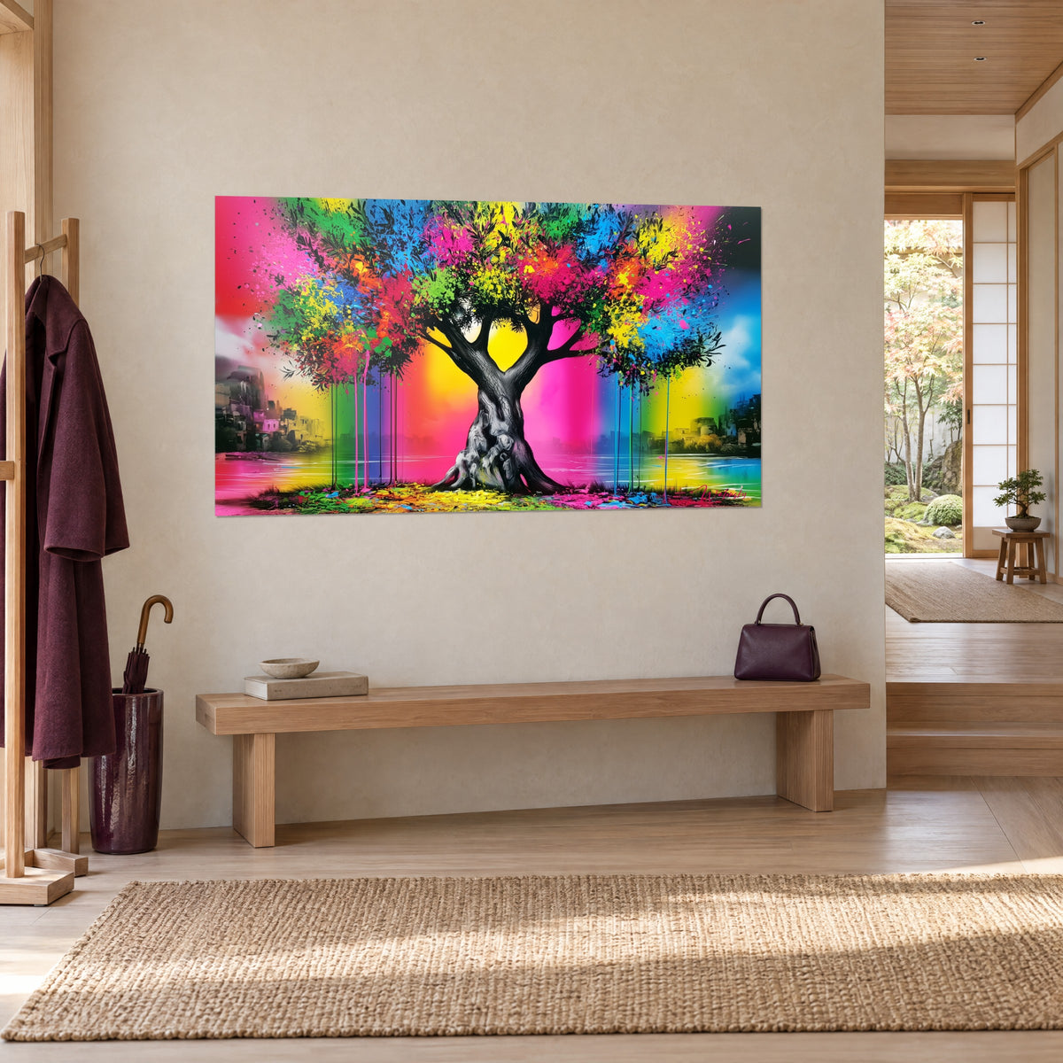 Cuadro árbol con goteos de pintura verde y magenta, tronco gris nudoso, sobre una pared beige junto a un banco de madera