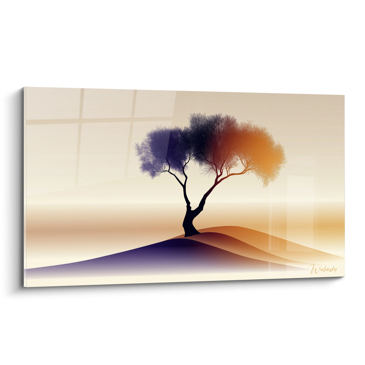 Olivier au feuillage violet et orange sur une dune crépusculaire, tronc noir sculpté et fond beige dégradé