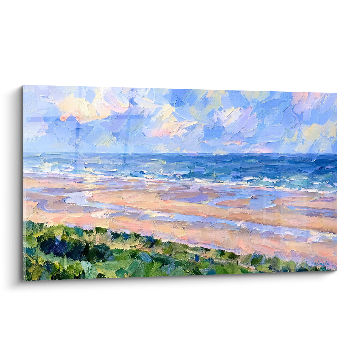 Tableau plage normande peinte en bleu lavande et ocre rosé, vagues et dune verdoyante au premier plan