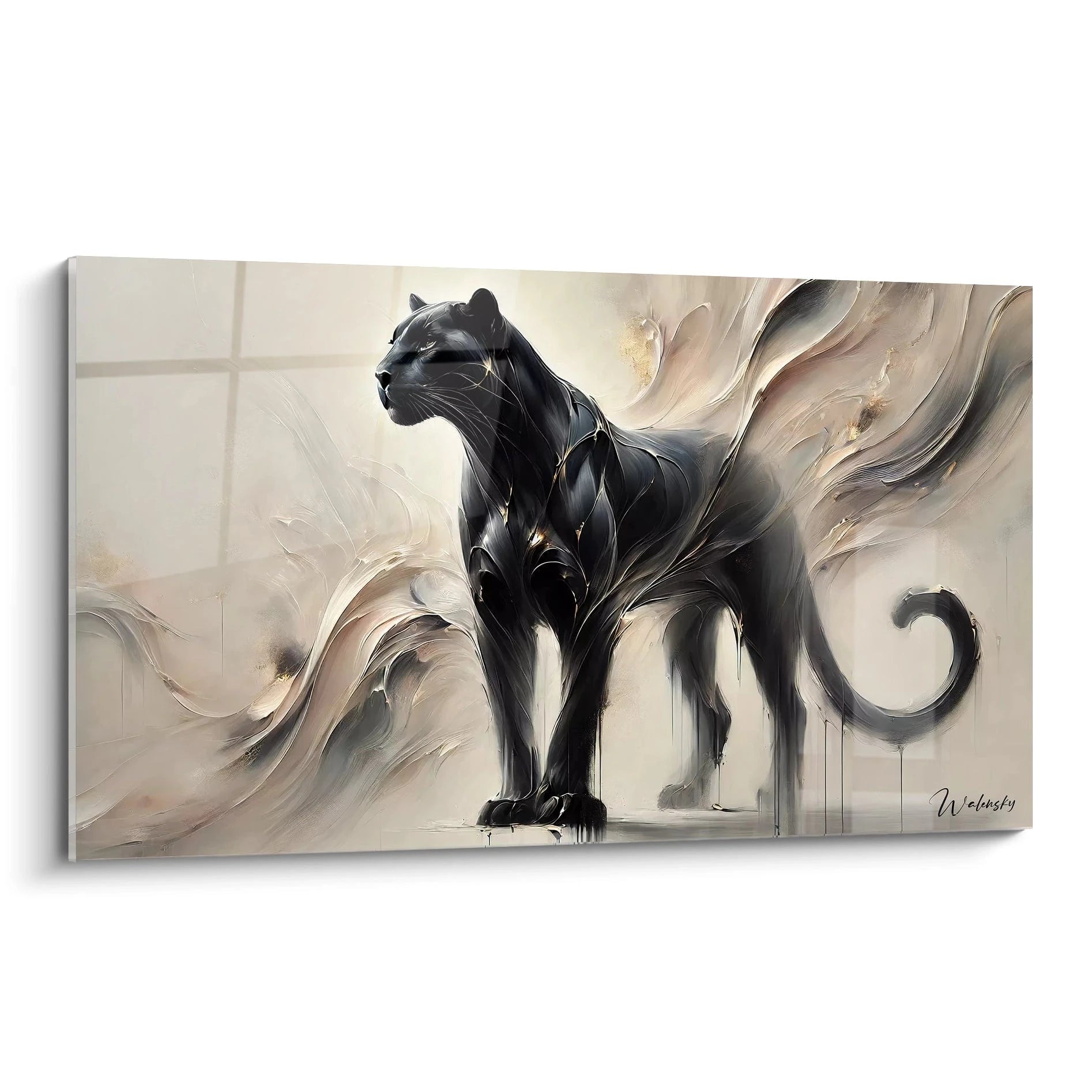 Le tableau panthère noire vu de biais revele la beaute mysterieuse de l'animal. Les courbes abstraites ajoutent un effet onirique, parfait pour sublimer votre interieur avec elegance.