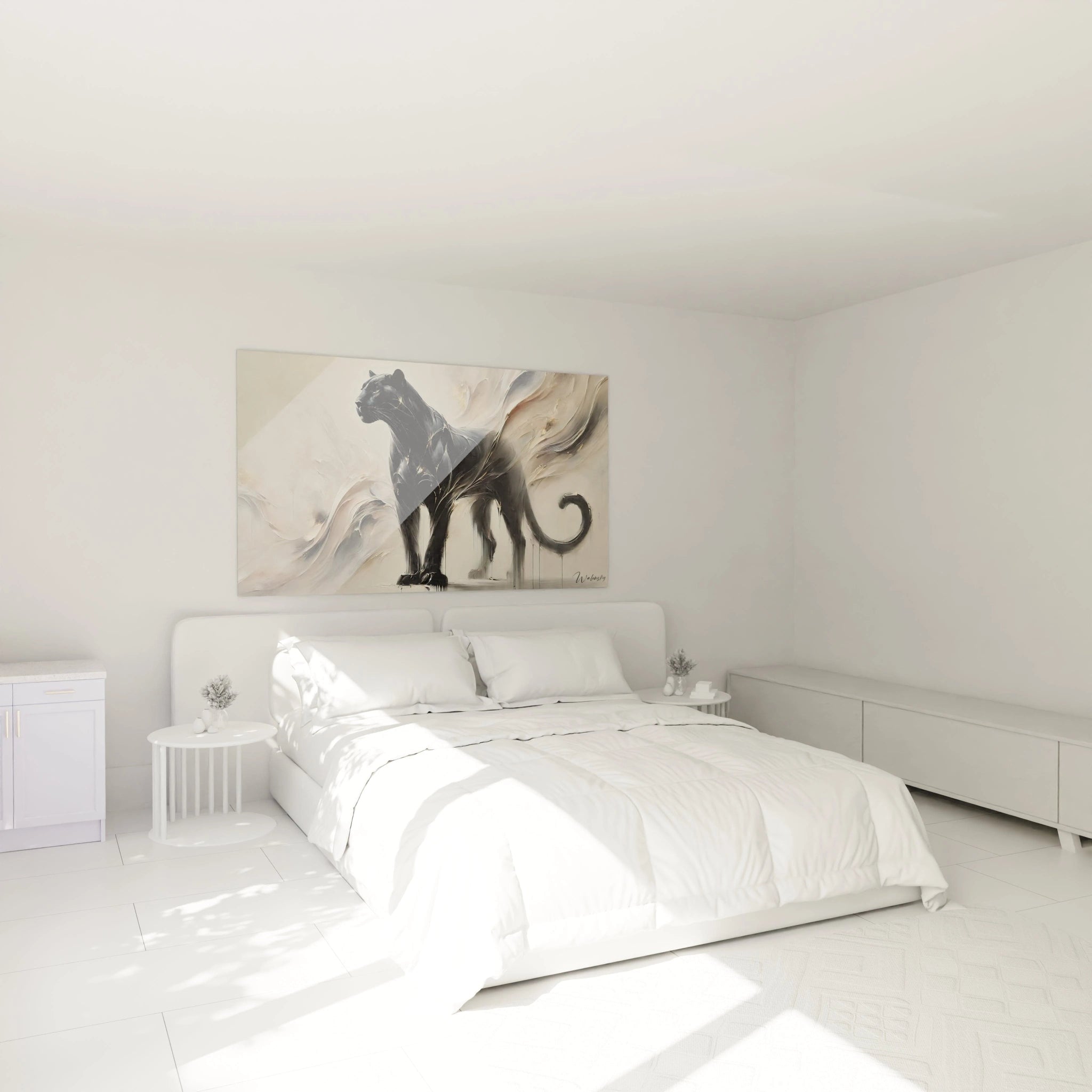 Sublimez votre chambre avec ce tableau panthère noire au dessus du lit. L'equilibre entre l'animal majestueux et les volutes beige et or cree une atmosphere apaisante et raffinée.