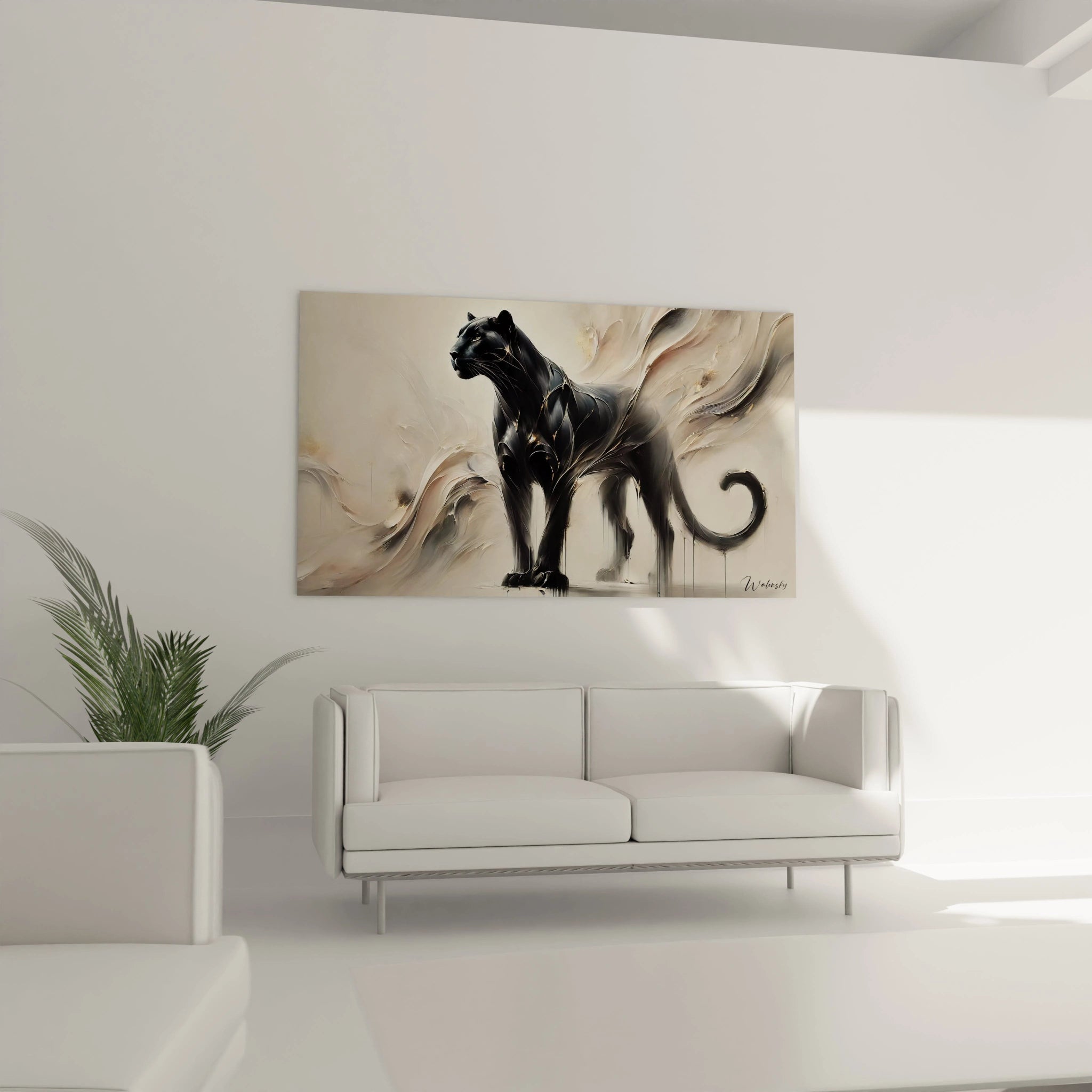 Ce tableau panthère noire accroché au mur au dessus d'un canapé transforme le salon. L'elegance des courbes abstraites s'harmonise avec la presence imposante de la panthère.