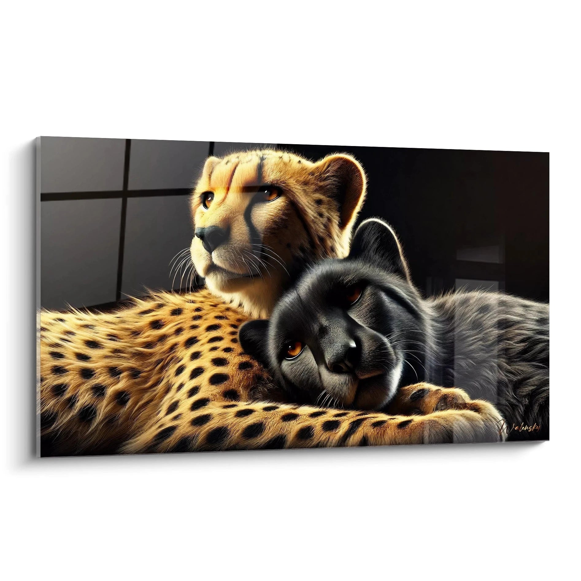 tableau guepard vue de biais cet oeuvre explore la dualite entre force et douceur des felins a travers des pelages contrastes sa presence ajoutera du caractere a n importe quel espace