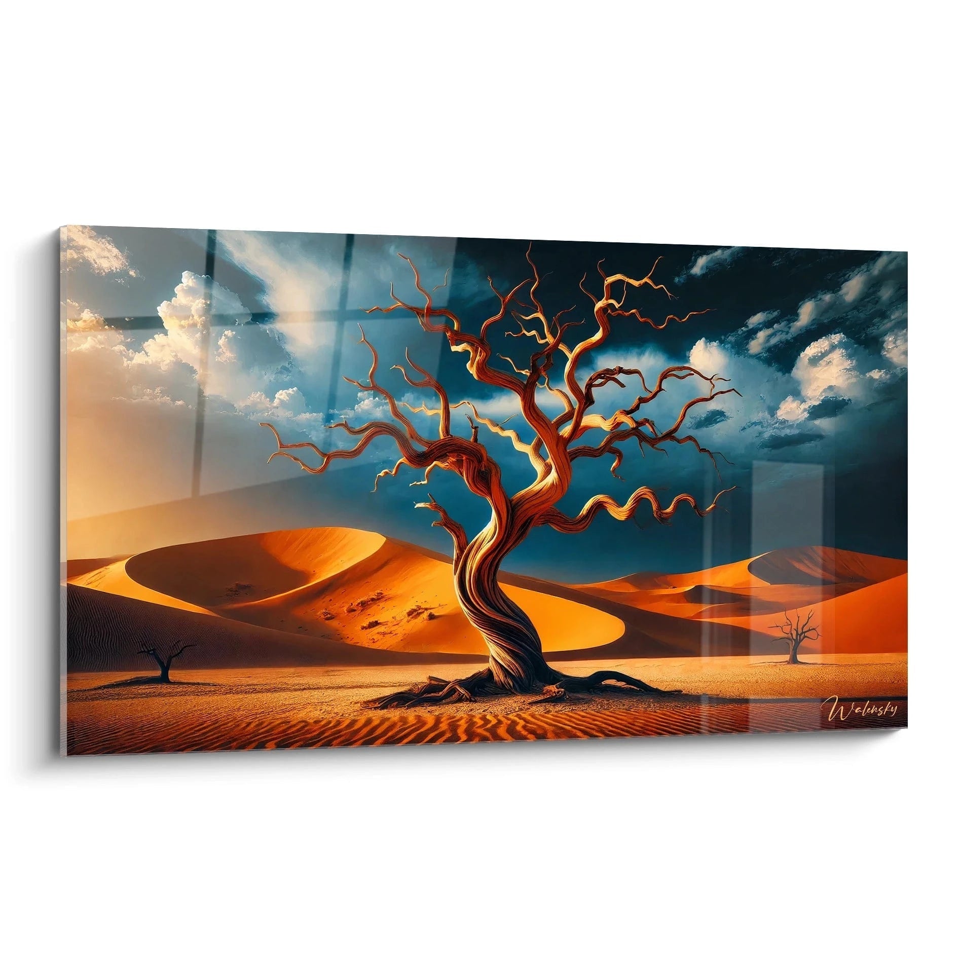 Tableau Desert vu de biais capturant la splendeur des dunes et d'un arbre solitaire anime d'une energie unique. Ce tableau Desert apporte une profondeur et une chaleur mysterieuse a votre interieur.