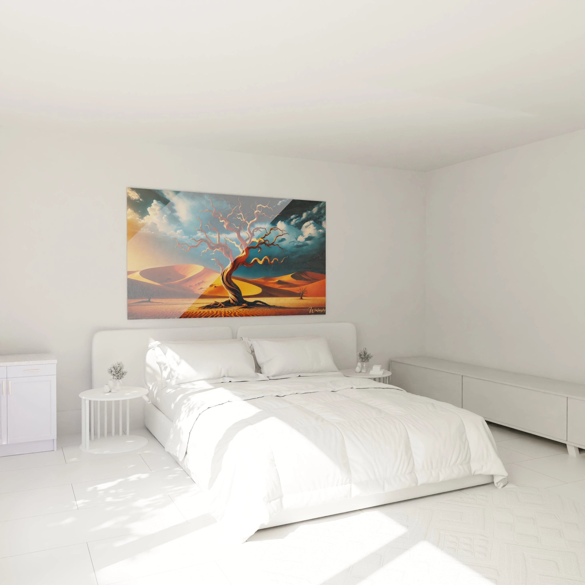 Tableau Desert au-dessus du lit dans une chambre. La scene onirique des dunes et du ciel crepusculaire ajoute une ambiance paisible et evocatrice, parfaite pour un espace de repos et de contemplation.