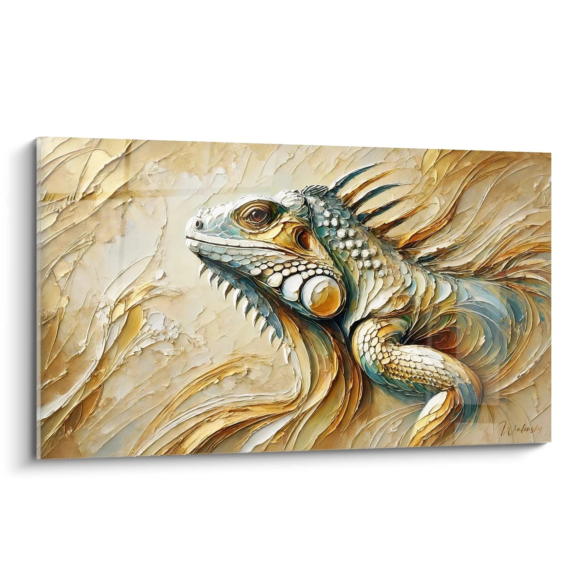 tableau iguane vu de biais. Les courbes abstraites fusionnent avec l'environnement naturel de l'iguane. Un hommage vibrant a la puissance et la grace de cet animal, entre realisme et abstraction.