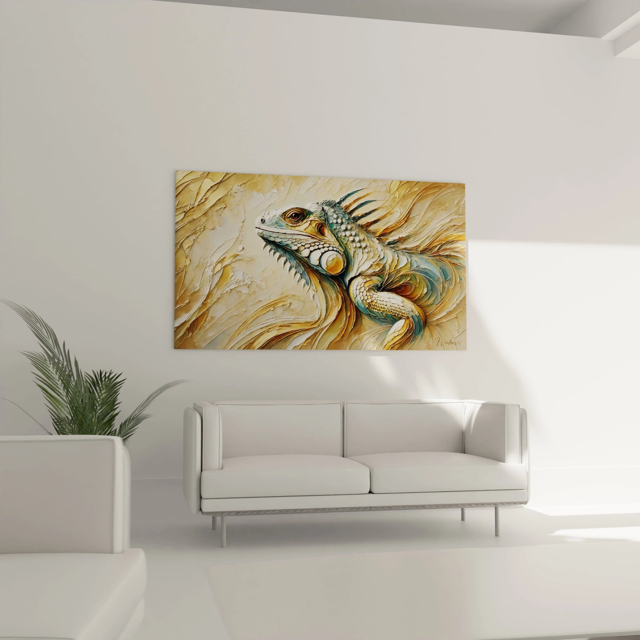 tableau iguane au dessus d'un canape. L'equilibre parfait entre texture et courbes fluides attire le regard, transformant ce salon en un lieu d'admiration pour la nature et sa force.