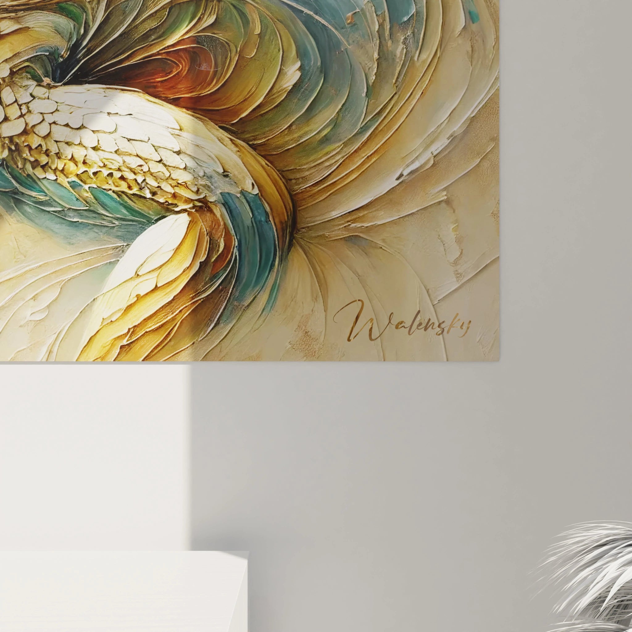 vue de pres du tableau iguane. Les details fascinants de chaque ecaille et le jeu d'ombres revelent la profondeur artistique. Une connexion visuelle entre la creature et son environnement.