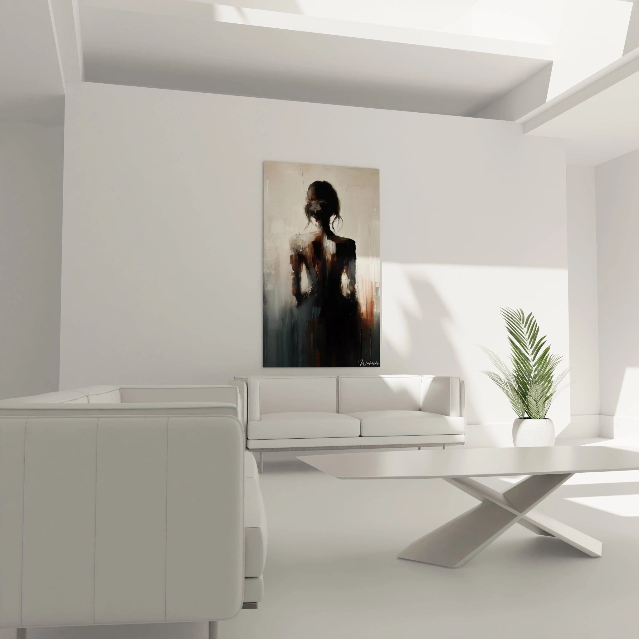 Tableau abstrait représentant une silhouette féminine. Les tons sombres et contrastés créent une touche artistique contemporaine pour le salon