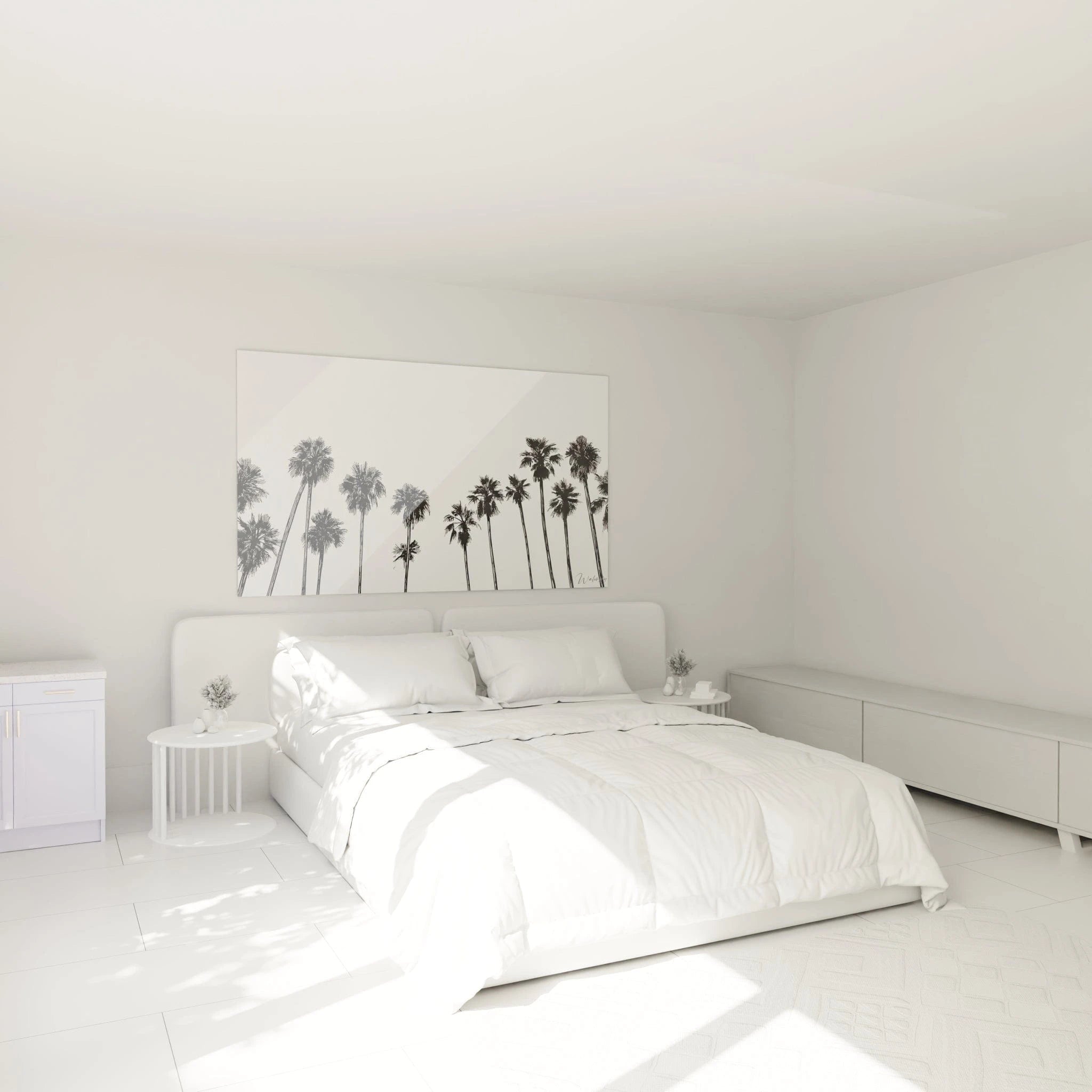 Tableau palmier minimaliste montrant des silhouettes noires de palmiers tropicaux alignés sur un fond blanc immaculé. Les troncs fins et verticaux supportent des couronnes de frondes détaillées, créant un contraste dramatique et un rythme visuel captivant.