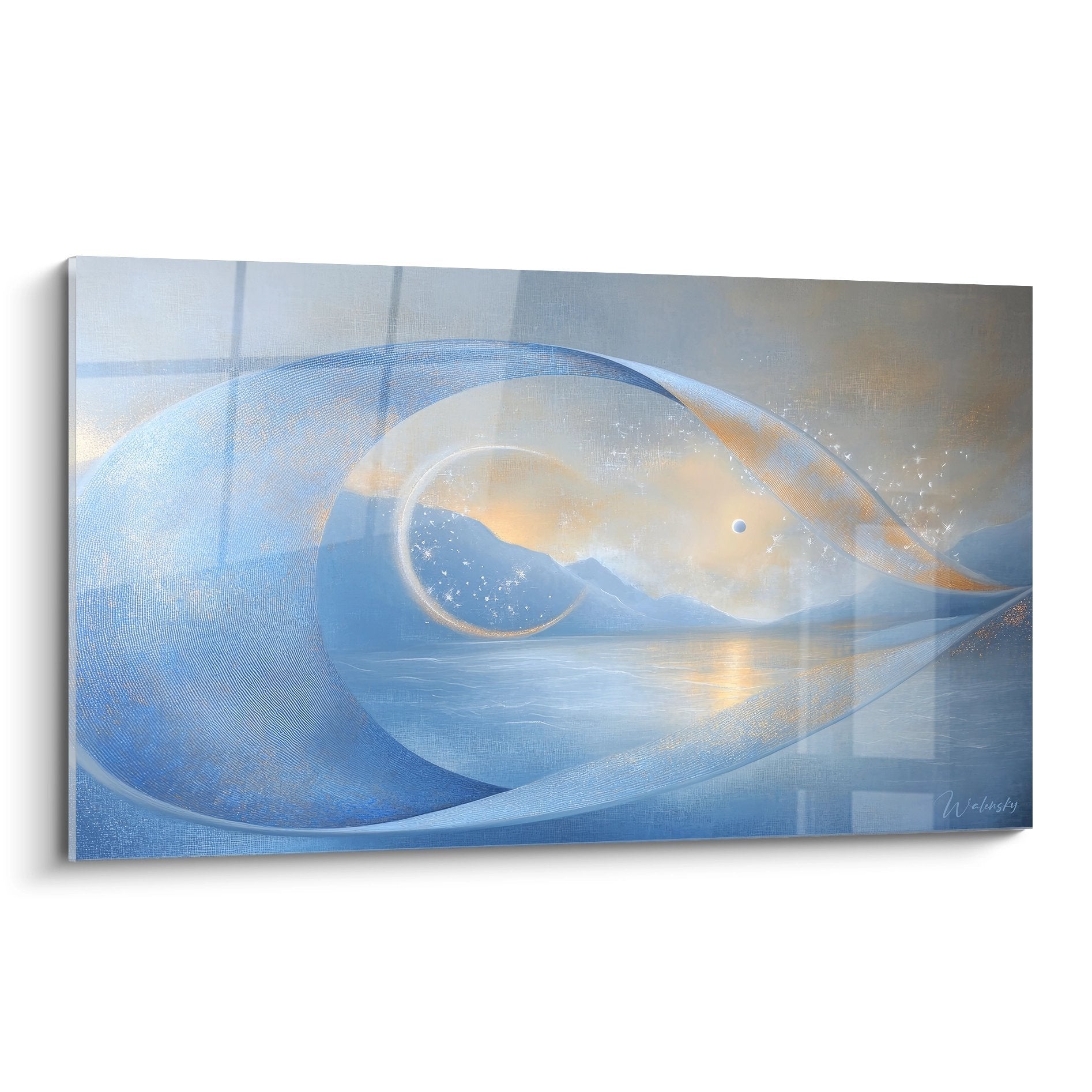 Tableau onde cosmique bleue abstraite avec spirale dorée - art mural contemporain décoratif