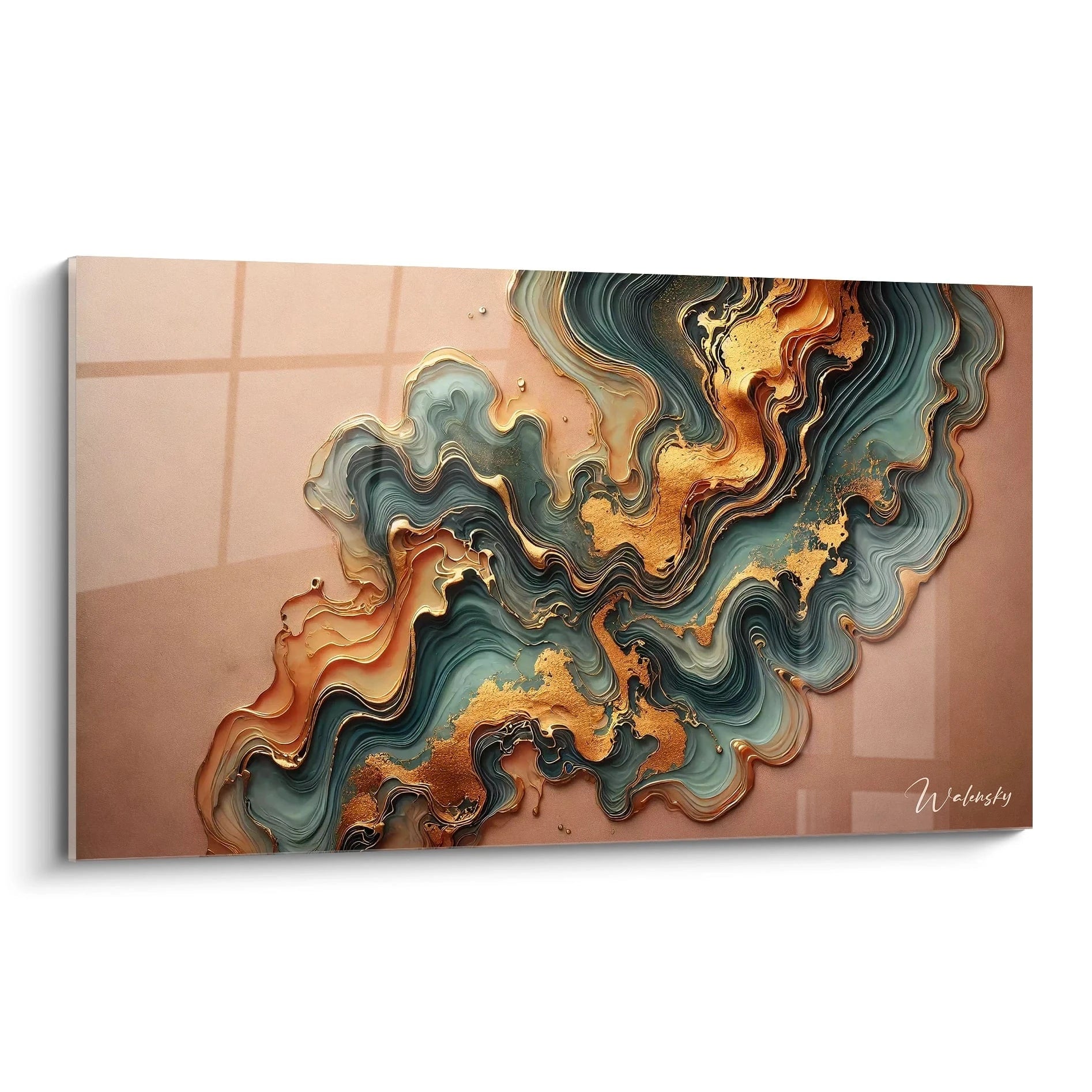 Vue du tableau de biais : Tableau style epoxy avec des formes géométriques abstraites et des couches de résine époxy ondulantes. Les tons verts, bronzes et dorés créent une profondeur intrigante.