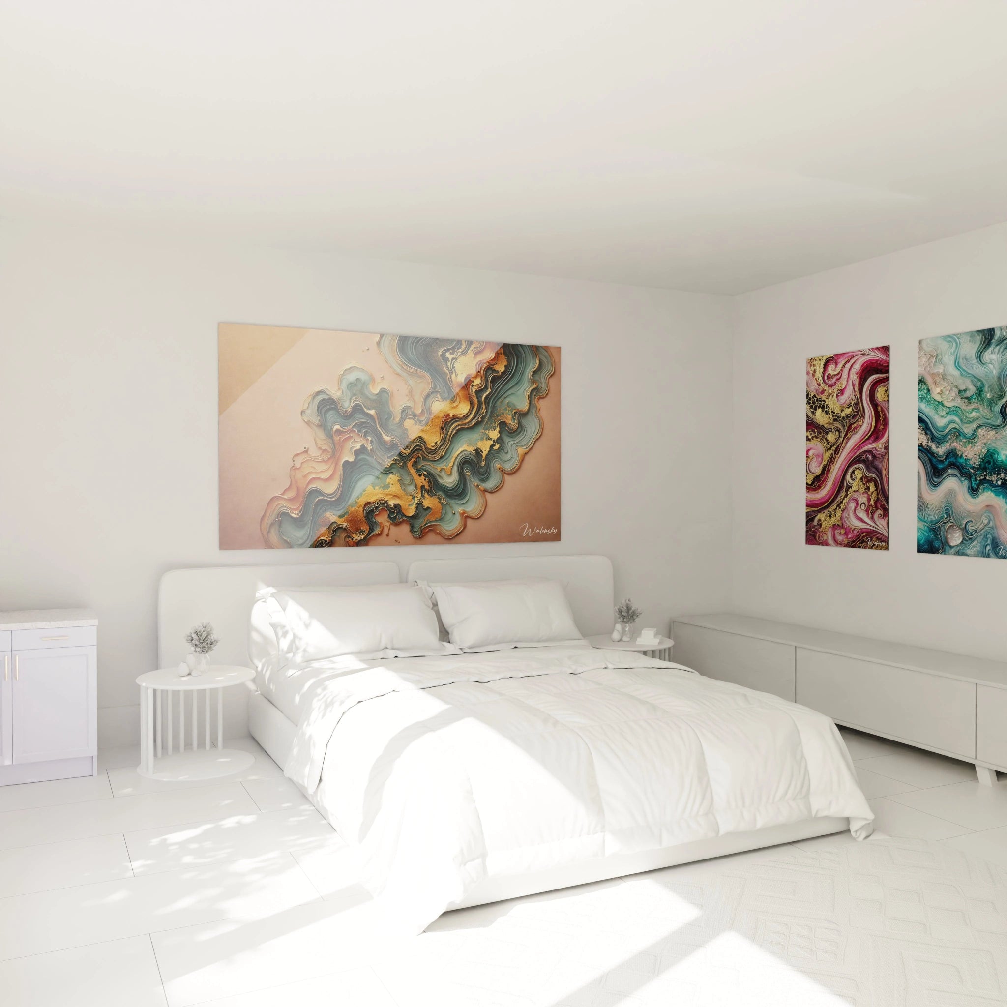 Tableau au-dessus du lit dans une chambre : Dans une chambre apaisante, ce tableau style epoxy domine le mur avec ses nuances de vert, bronze et or, créant une ambiance calme et méditative au-dessus du lit.