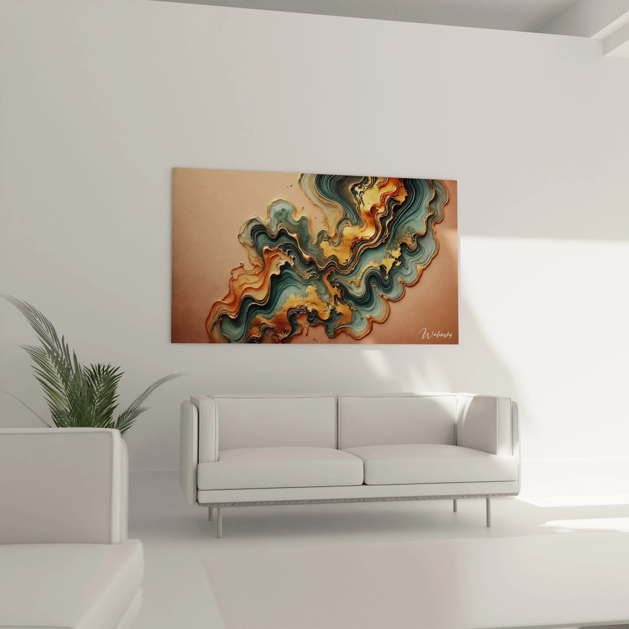 Tableau au-dessus du canapé dans un salon : Tableau style epoxy accroché au mur d’un salon, sa texture organique et ses éclats dorés apportent élégance et une touche de sérénité au-dessus du canapé.