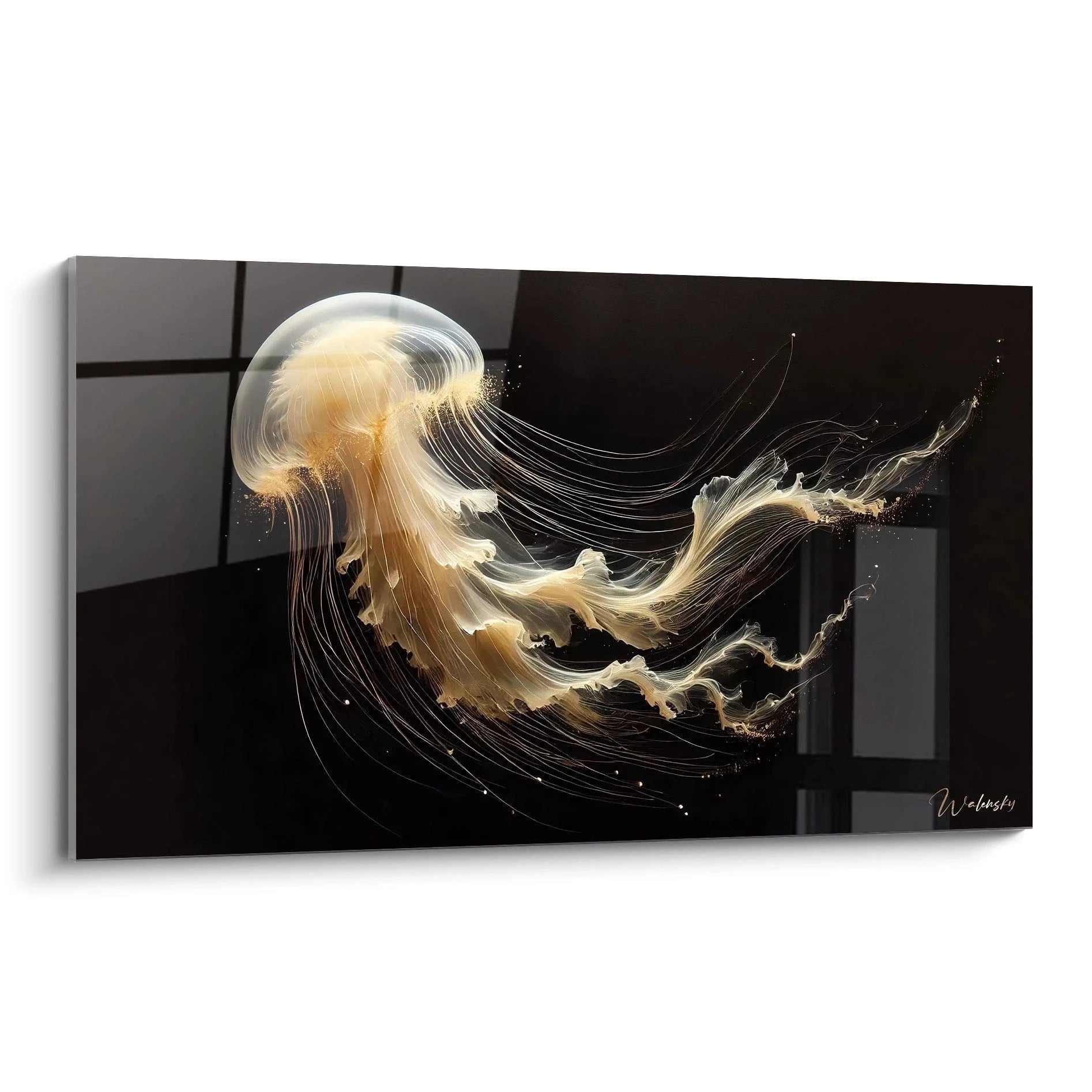 Ce tableau méduse présente une œuvre d'art unique, capturant la grâce de cette créature marine. Les détails délicats des tentacules ajoutent une profondeur visuelle saisissante.